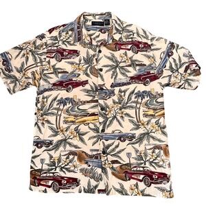 NWOT Cactus Black Label Men Vintage Car Tropical Print Button Down Shirt Cream L